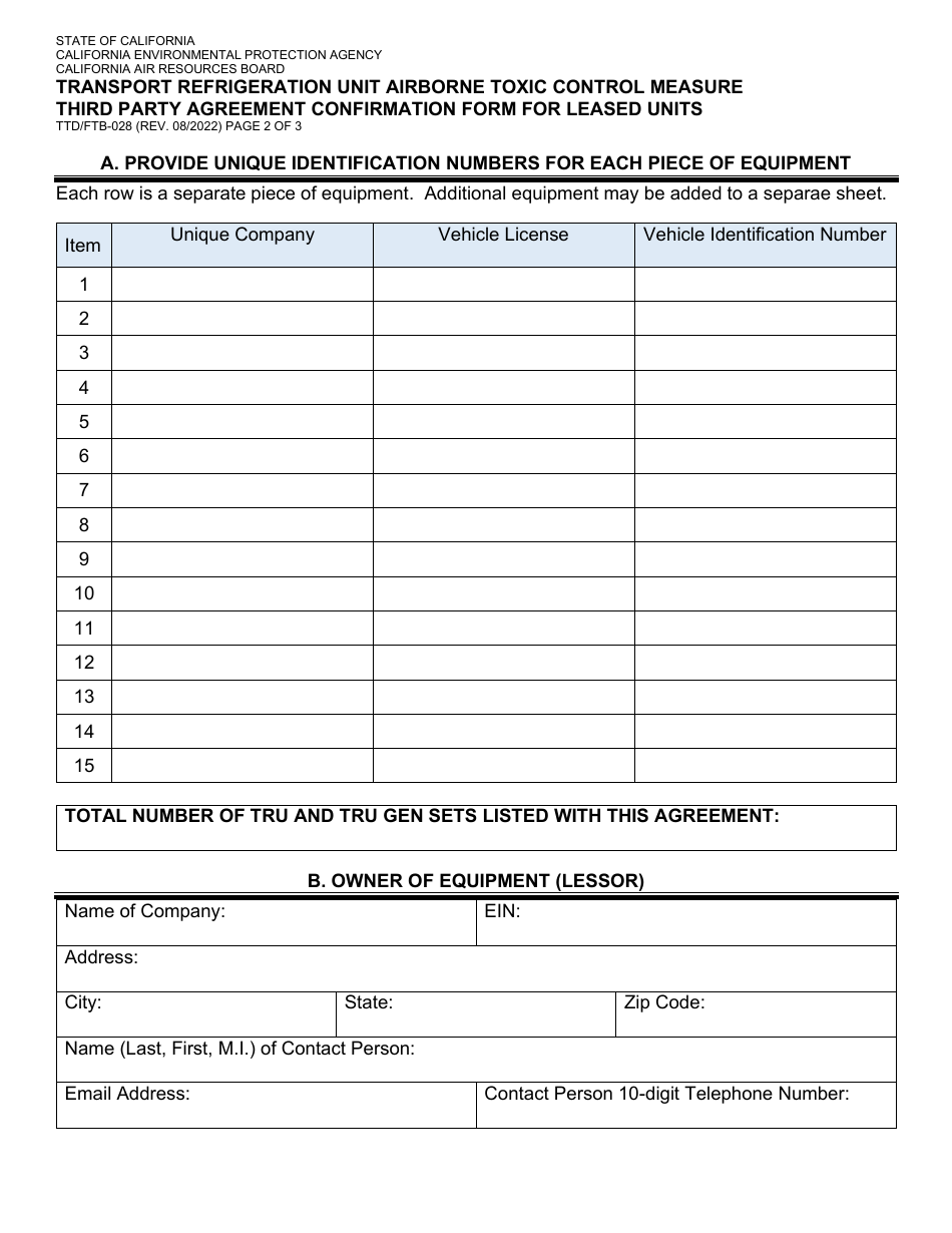 Form TTD / FTB-028 Transport Refrigeration Unit Airborne Toxic Control Measure Third Party Agreement Confirmation Form for Leased Units - California, Page 2