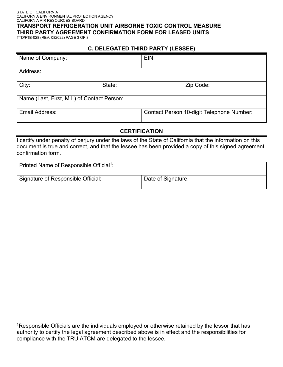 Form TTD / FTB-028 Transport Refrigeration Unit Airborne Toxic Control Measure Third Party Agreement Confirmation Form for Leased Units - California, Page 3