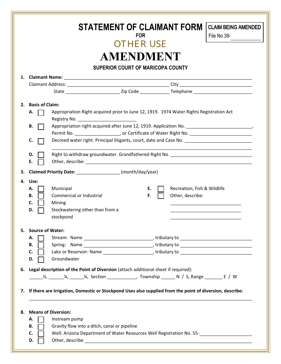 Statement of Claimant Form for Other Use - Amendment - Gila River Adjudication - Arizona, Page 1