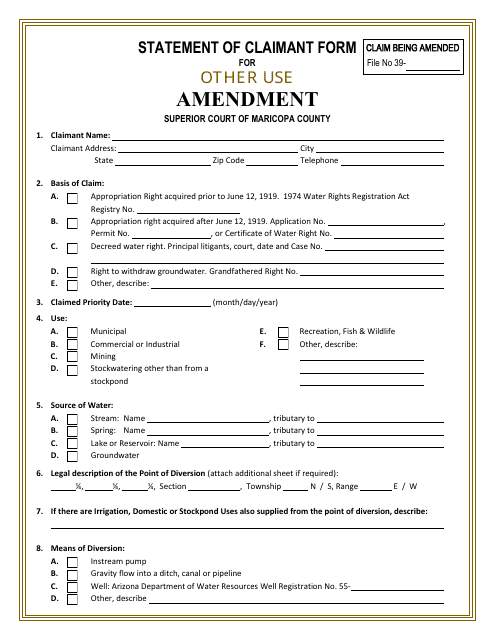 Statement of Claimant Form for Other Use - Amendment - Gila River Adjudication - Arizona Download Pdf