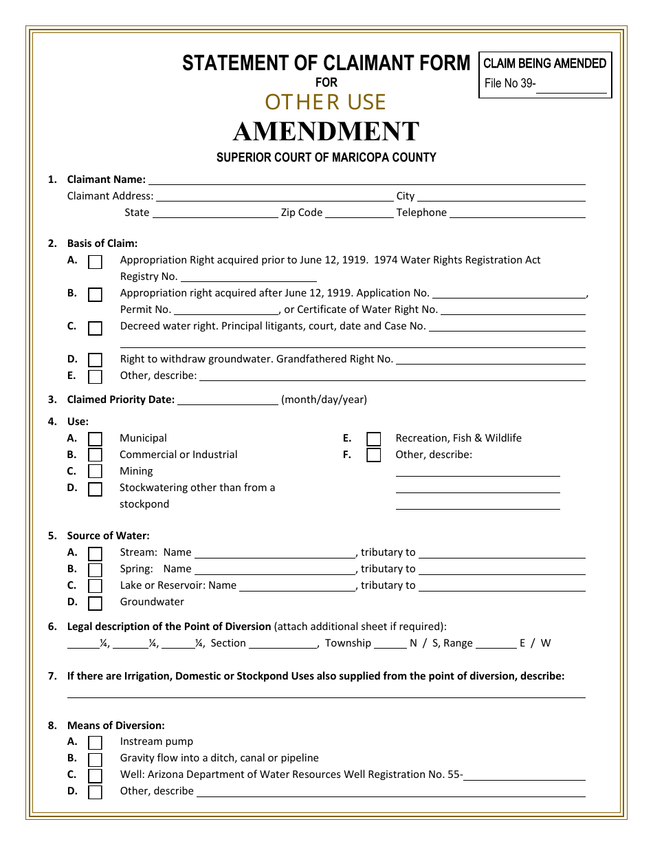 Arizona Statement of Claimant Form for Other Use Amendment Gila