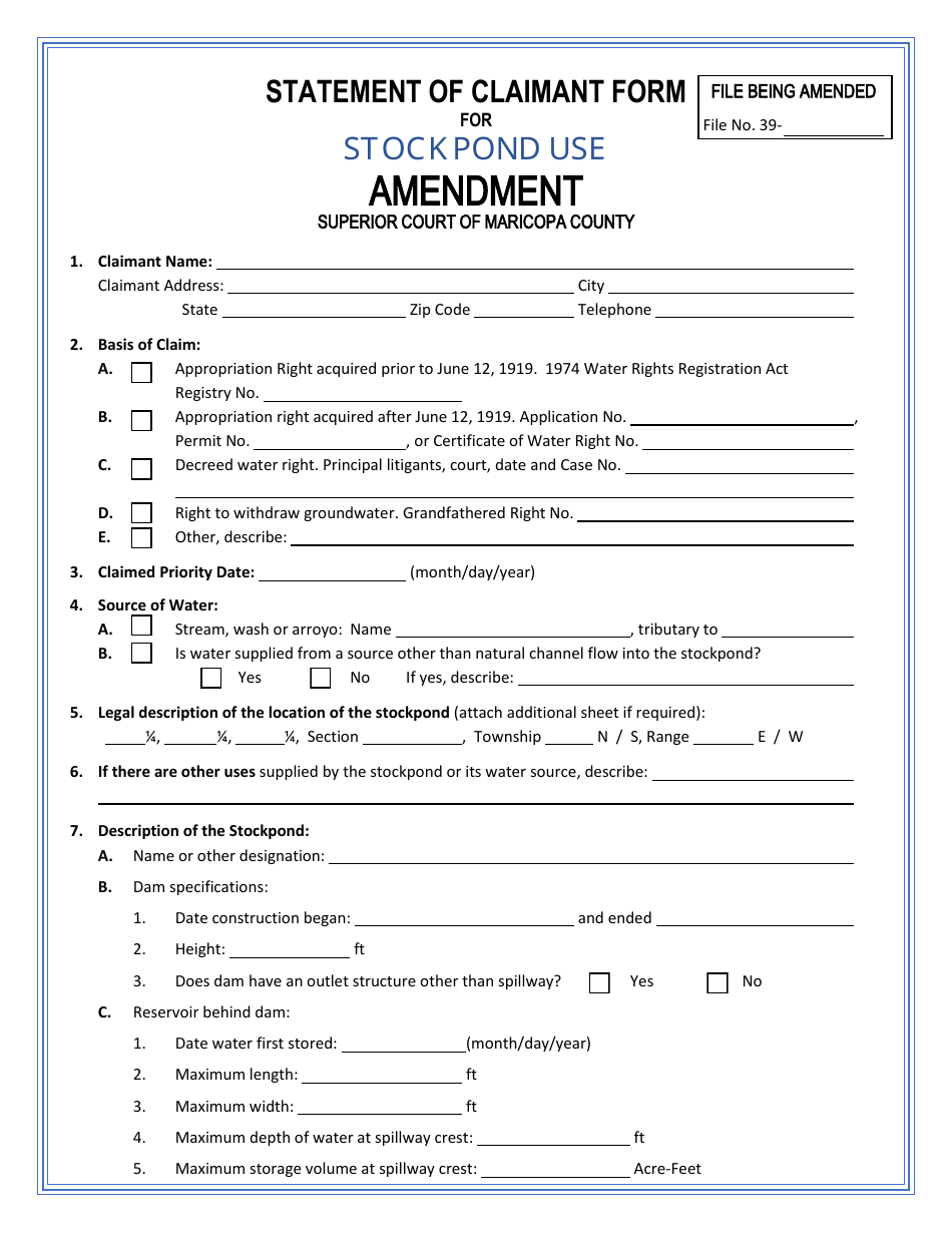 Statement of Claimant Form for Stockpond Use Amendment - Gila River Adjudication - Arizona, Page 1