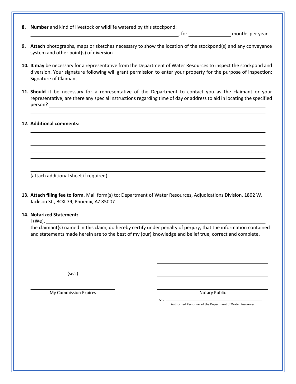 Statement of Claimant Form for Stockpond Use Amendment - Gila River Adjudication - Arizona, Page 2