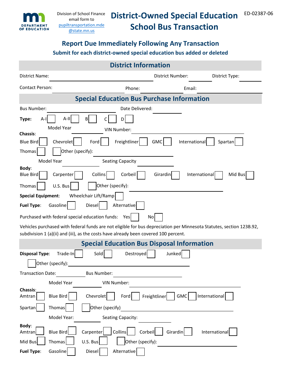 Form ED-02387-06 District-Owned Special Education School Bus Transaction - Minnesota, Page 1
