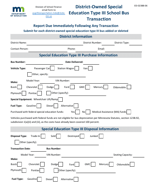 Form ED-02388-06 District-Owned Special Education Type Iii School Bus Transaction - Minnesota