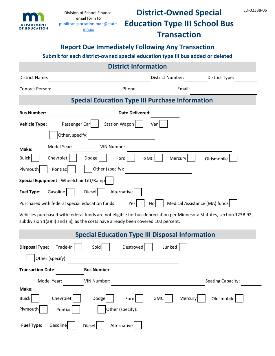 Form ED-02388-06 District-Owned Special Education Type Iii School Bus Transaction - Minnesota, Page 1