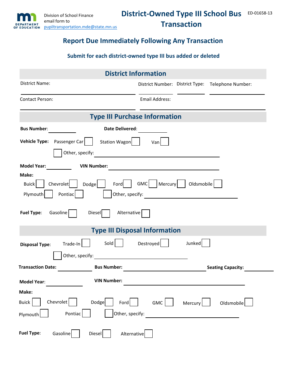 Form ED-01658-13 District-Owned Type Iii School Bus Transaction - Minnesota, Page 1
