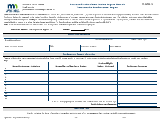 Document preview: Form ED-01765-23 Monthly Transportation Reimbursement Request - Postsecondary Enrollment Options Program - Minnesota