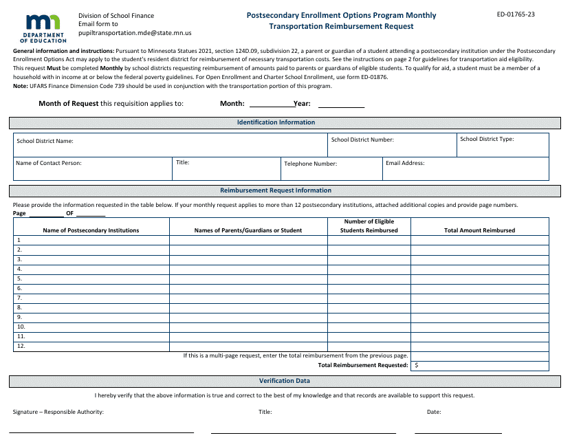 Form ED-01765-23 Monthly Transportation Reimbursement Request - Postsecondary Enrollment Options Program - Minnesota