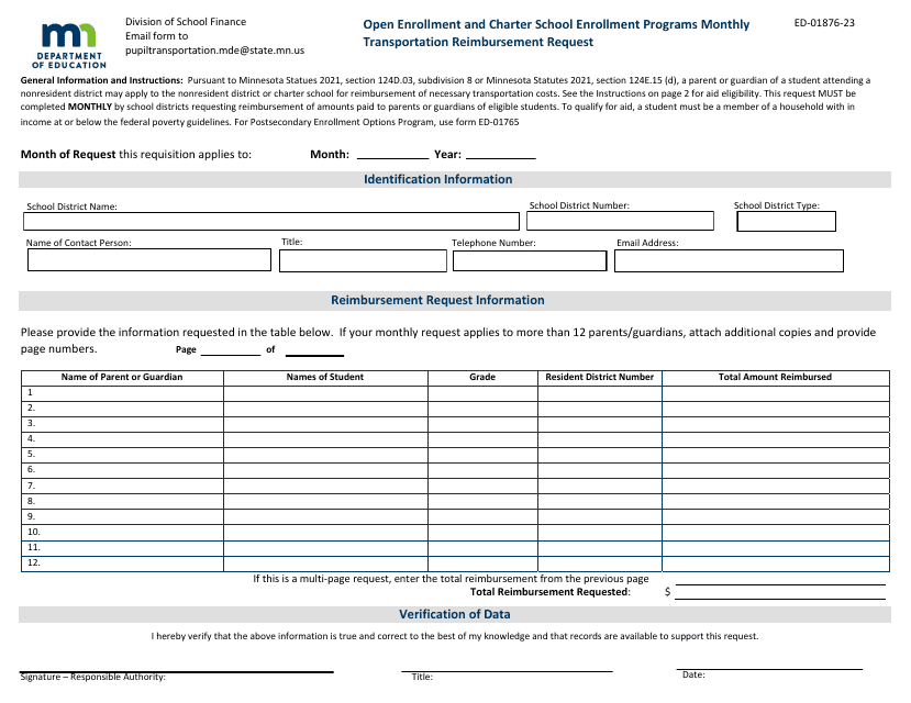Form ED-01876-23 Monthly Transportation Reimbursement Request - Open Enrollment and Charter School Enrollment Programs - Minnesota