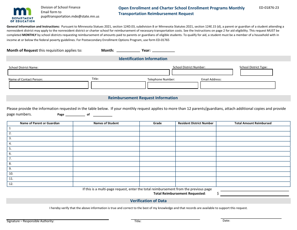 Form ED-01876-23 Monthly Transportation Reimbursement Request - Open Enrollment and Charter School Enrollment Programs - Minnesota, Page 1