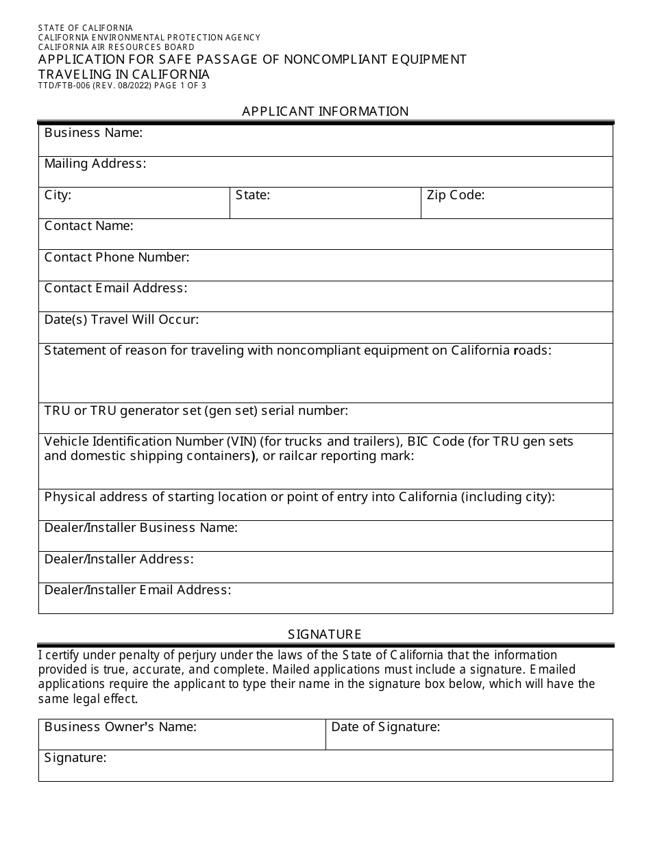 Form TTD / FTB-006 Application for Safe Passage of Noncompliant Equipment Traveling in California - California, Page 1