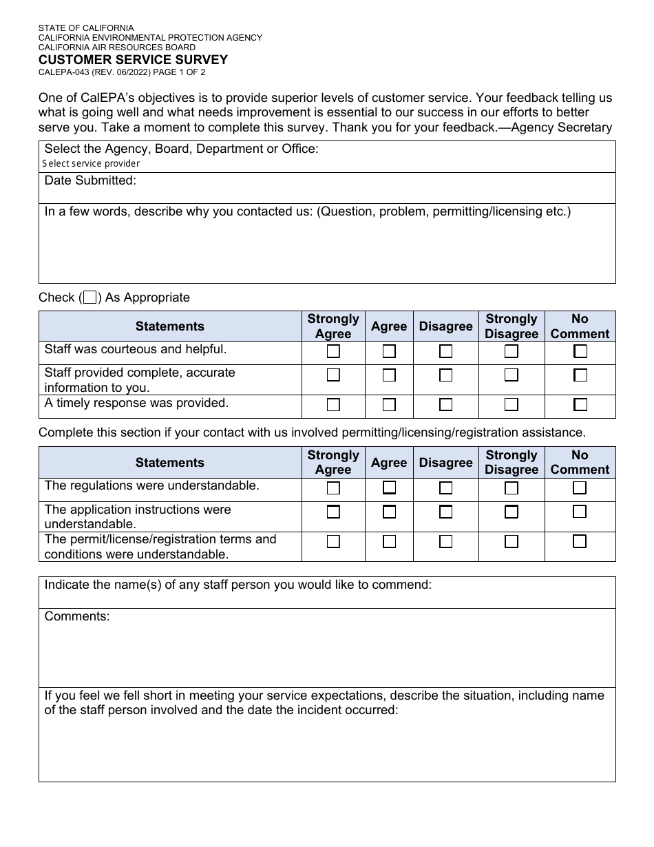 Form CALEPA-043 Customer Service Survey - California, Page 1
