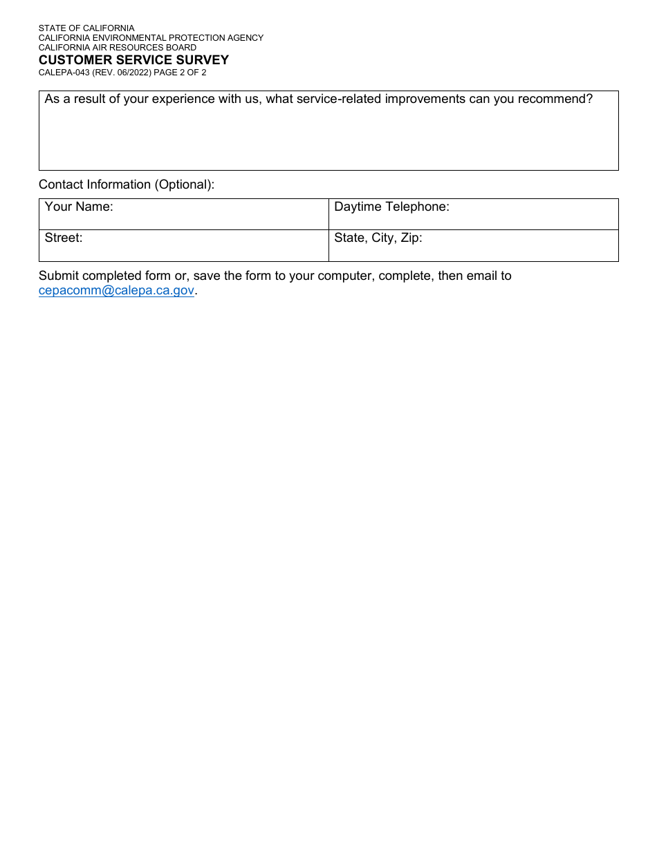 Form CALEPA-043 Customer Service Survey - California, Page 2