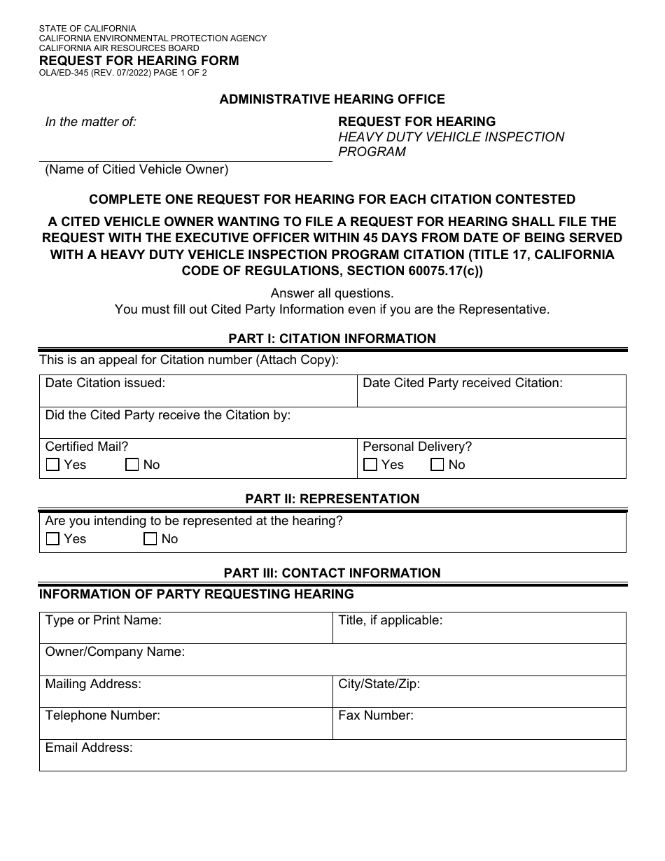 Form OLA / ED-345 Request for Hearing Form - California, Page 1