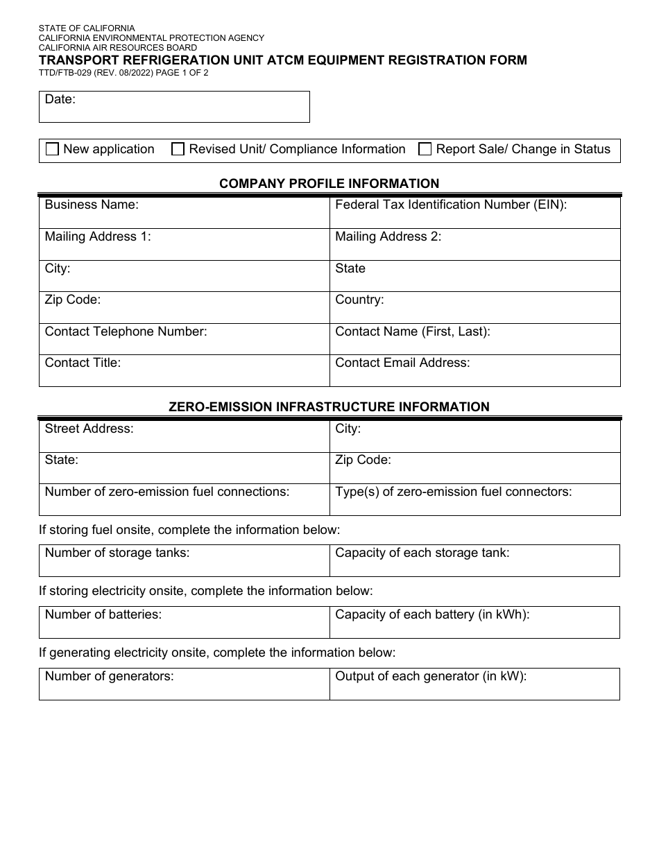 Form TTD / FTB-029 Transport Refrigeration Unit Atcm Equipment Registration Form - California, Page 1