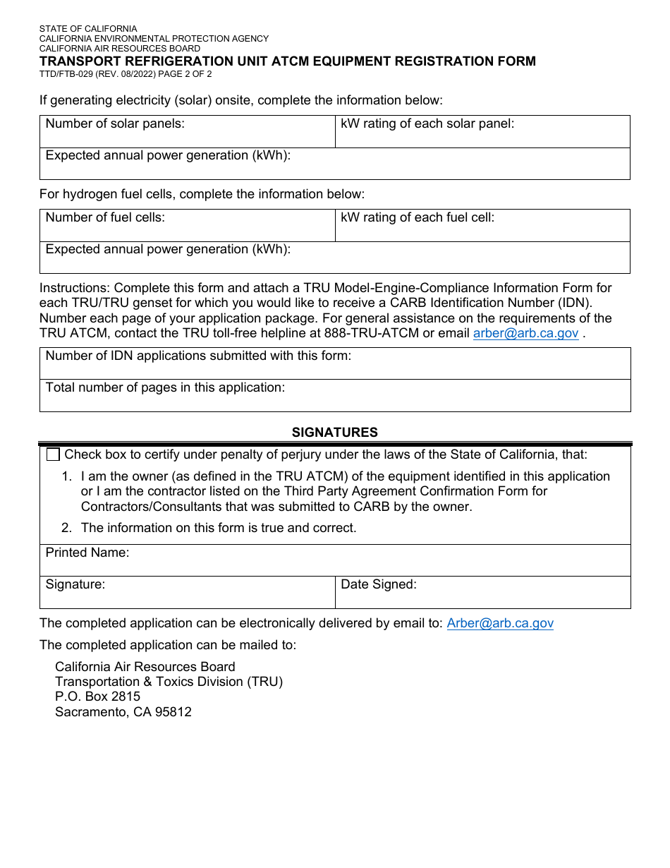 Form TTD / FTB-029 Transport Refrigeration Unit Atcm Equipment Registration Form - California, Page 2