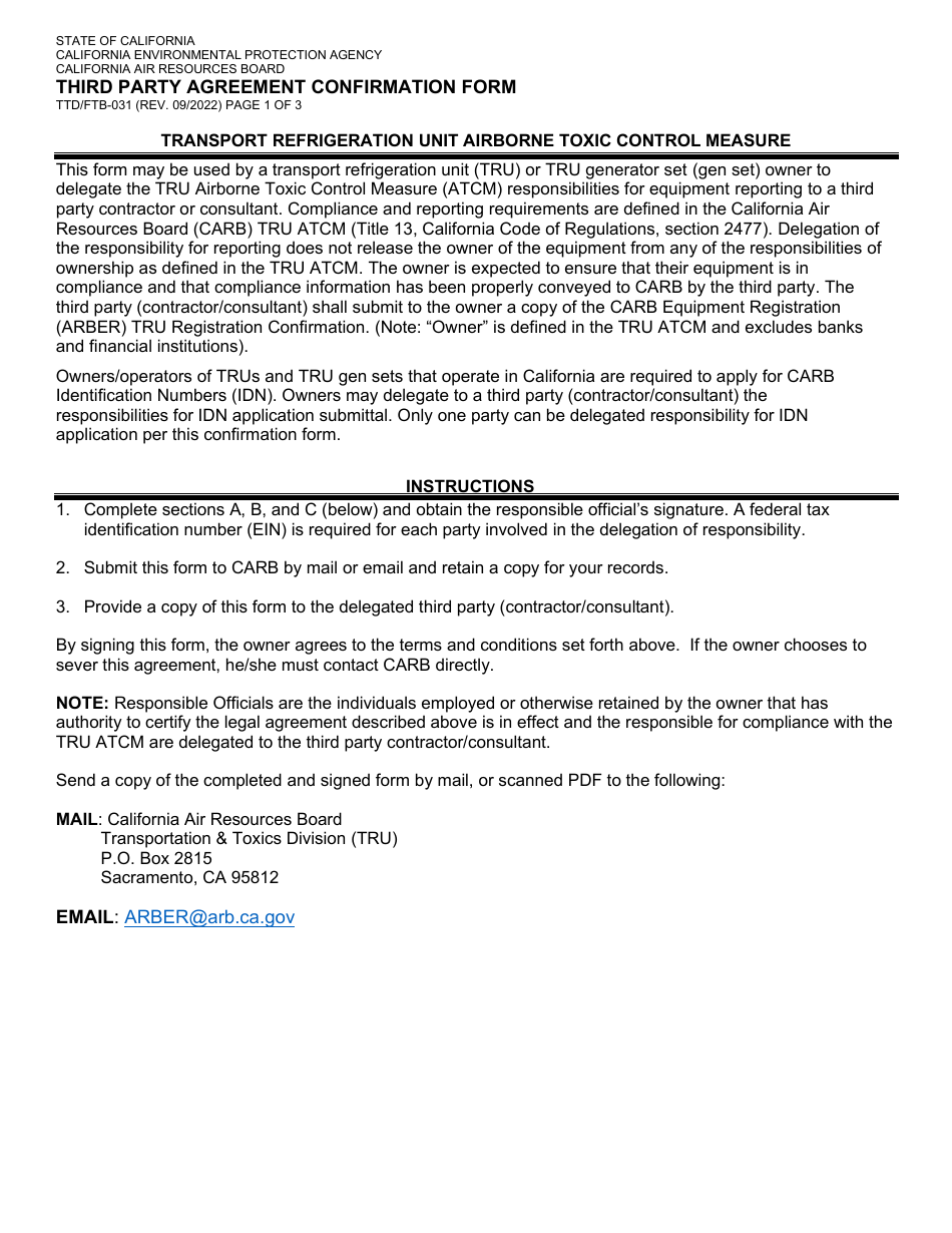 Form TTD / FTB-031 Third Party Agreement Confirmation Form - California, Page 1