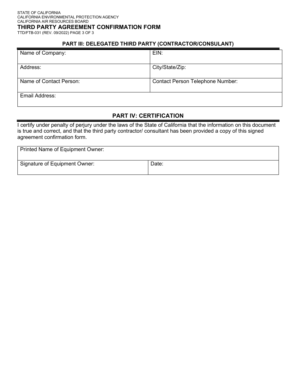 Form TTD / FTB-031 Third Party Agreement Confirmation Form - California, Page 3