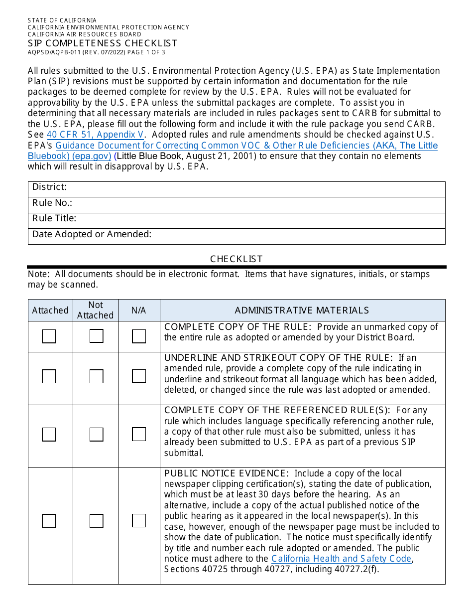 Form AQPSD / AQPB-011 Sip Completeness Checklist - California, Page 1