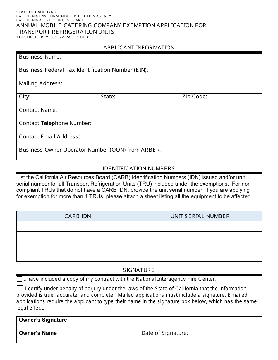 Form TTD / FTB-015 Annual Mobile Catering Company Exemption Application for Transport Refrigeration Units - California, Page 1