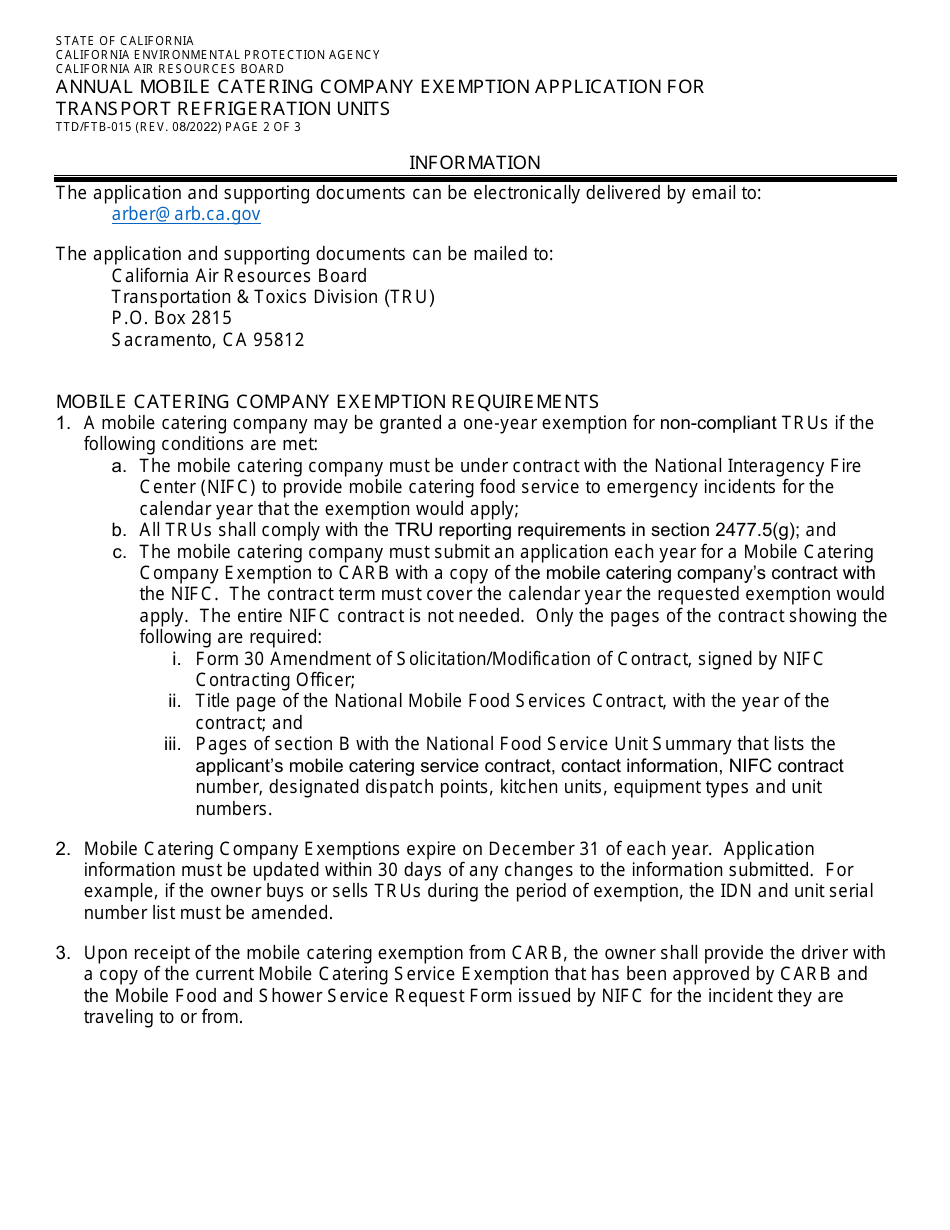 Form TTD / FTB-015 Annual Mobile Catering Company Exemption Application for Transport Refrigeration Units - California, Page 2