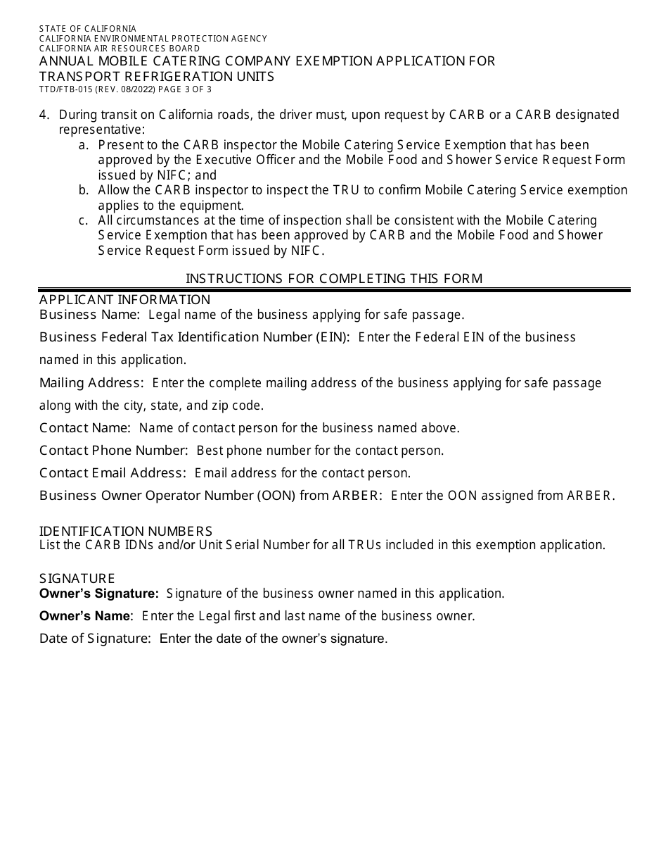 Form TTD / FTB-015 Annual Mobile Catering Company Exemption Application for Transport Refrigeration Units - California, Page 3
