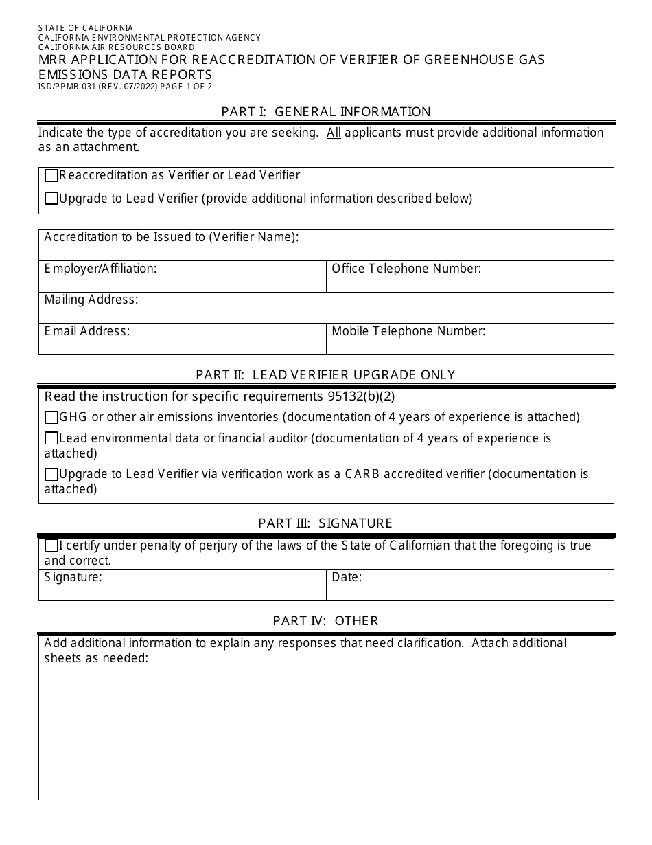 Form ISD / PPMB-031 Mrr Application for Reaccreditation of Verifier of Greenhouse Gas Emissions Data Reports - California, Page 1