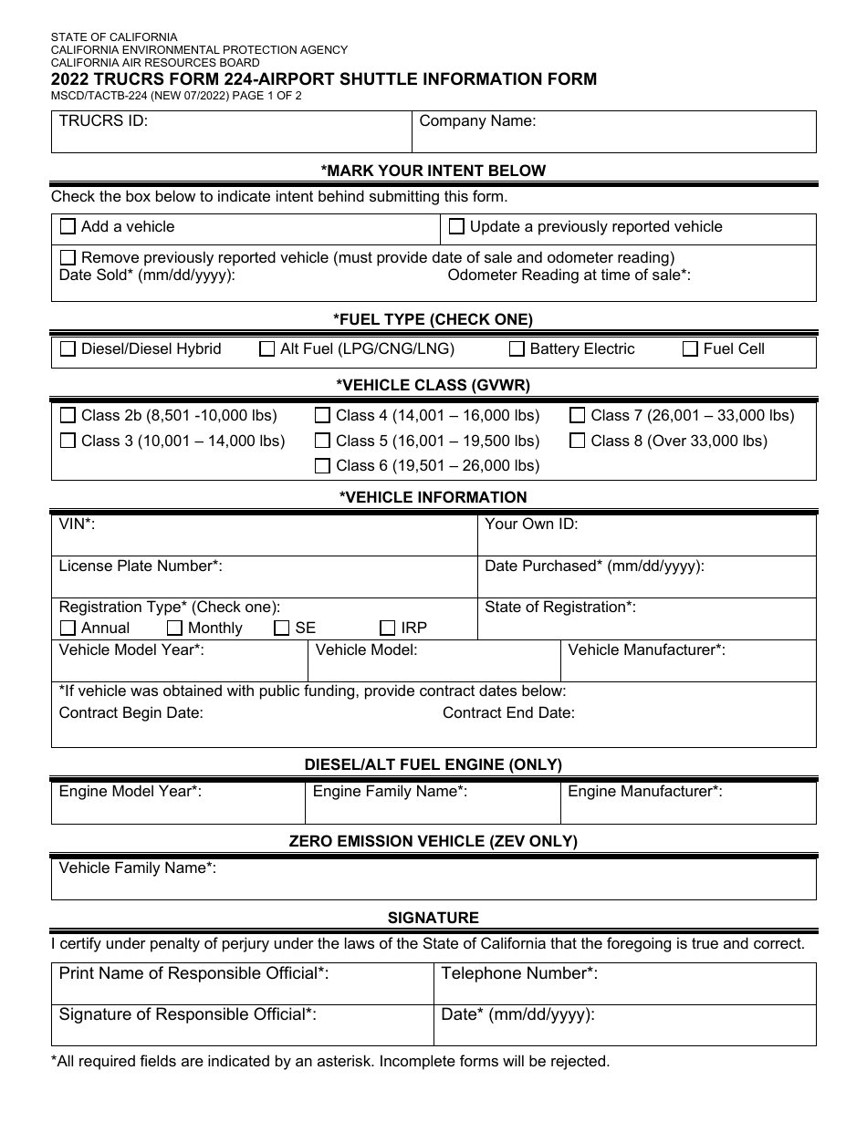 Form MSCD / TACTB-224 (TRUCRS Form 224) Airport Shuttle Information Form - California, Page 1