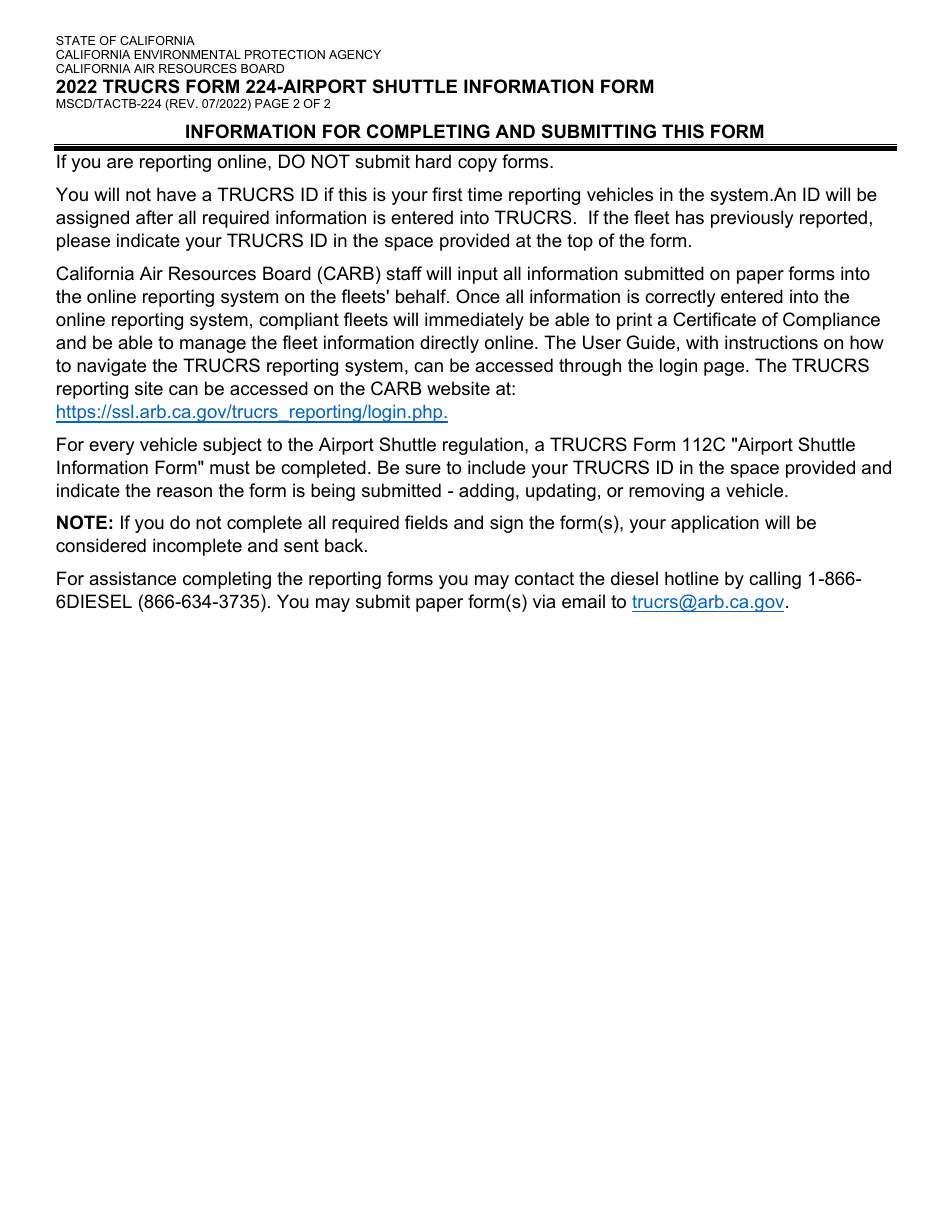 Form MSCD / TACTB-224 (TRUCRS Form 224) Airport Shuttle Information Form - California, Page 2