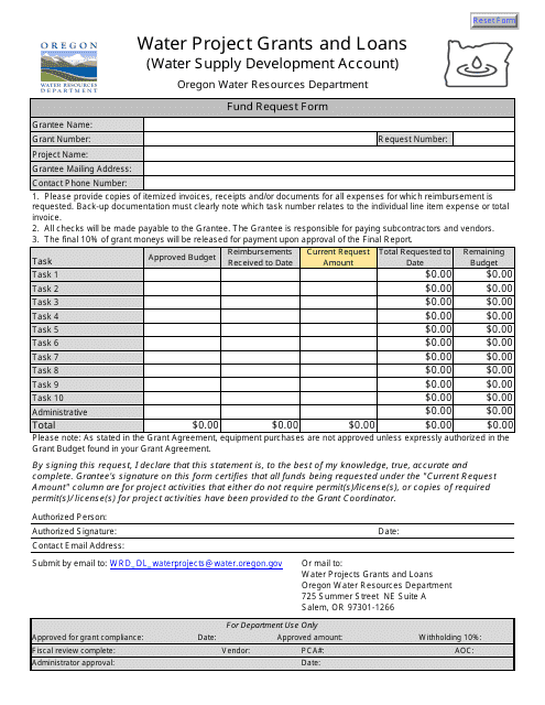 Fund Request Form - Water Project Grants and Loans - Oregon Download Pdf