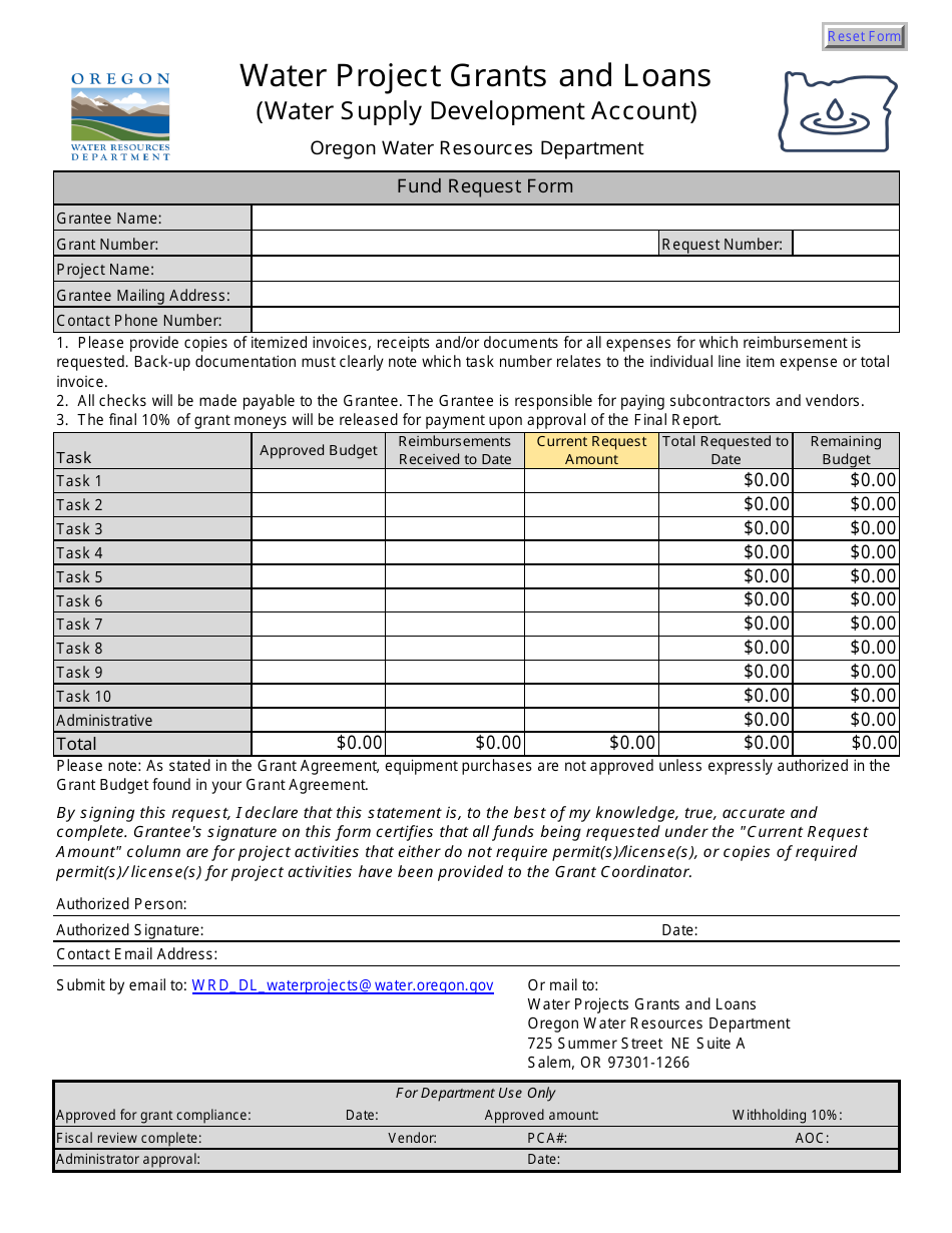 Oregon Fund Request Form Water Project Grants and Loans Fill Out