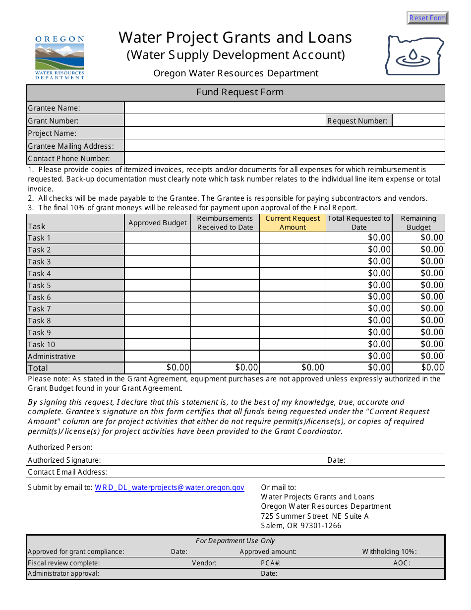 Fund Request Form - Water Project Grants and Loans - Oregon, Page 1