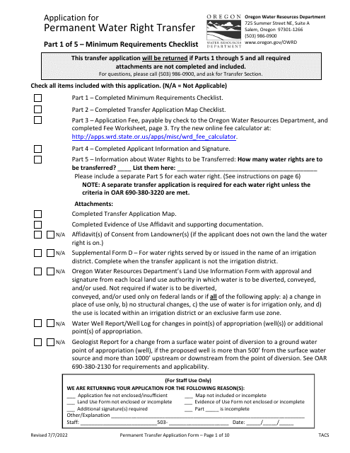 Application for Permanent Water Right Transfer - Oregon Download Pdf