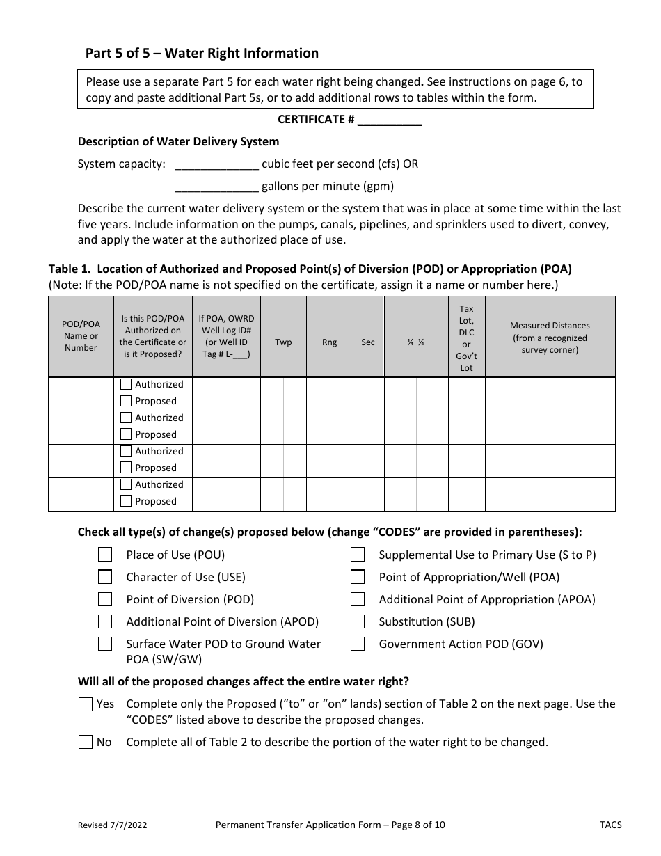 Application for Permanent Water Right Transfer - Oregon, Page 8