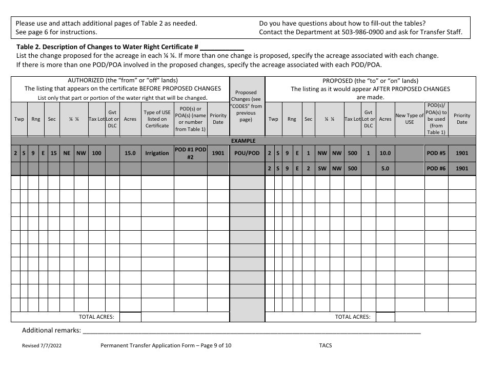 Application for Permanent Water Right Transfer - Oregon, Page 9