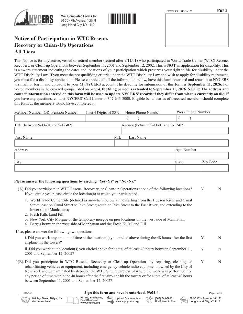 Form F622 Notice of Participation in Wtc Rescue, Recovery or Clean-Up Operations - All Tiers - New York City, Page 1