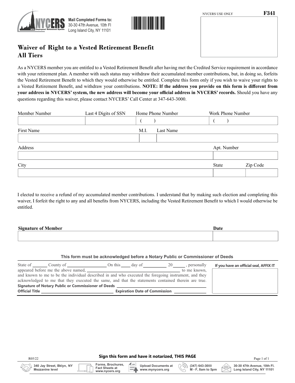 Form F341 Waiver of Right to a Vested Retirement Benefit - All Tiers - New York City, Page 1