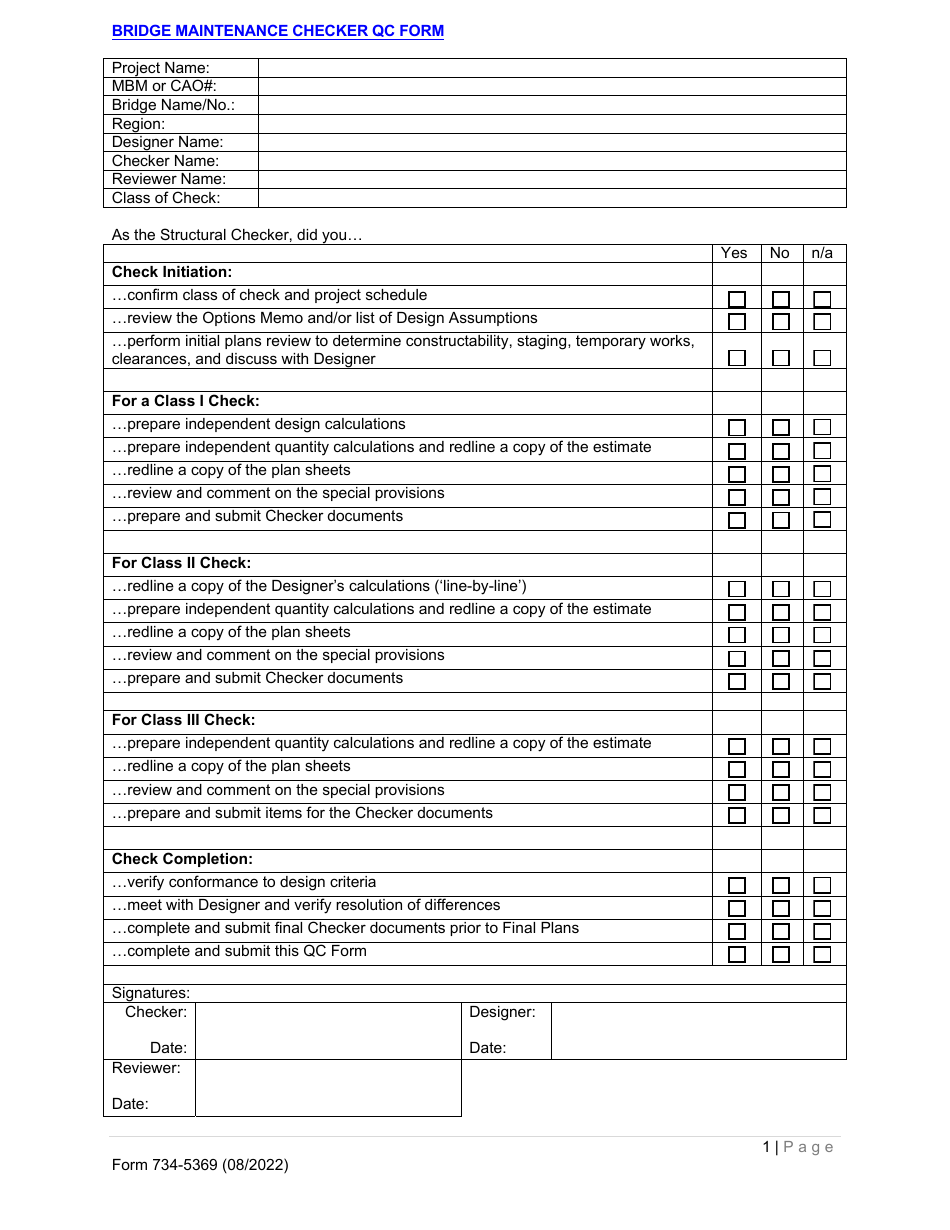 Form 734-5369 Bridge Maintenance Checker Qc Form - Oregon, Page 1