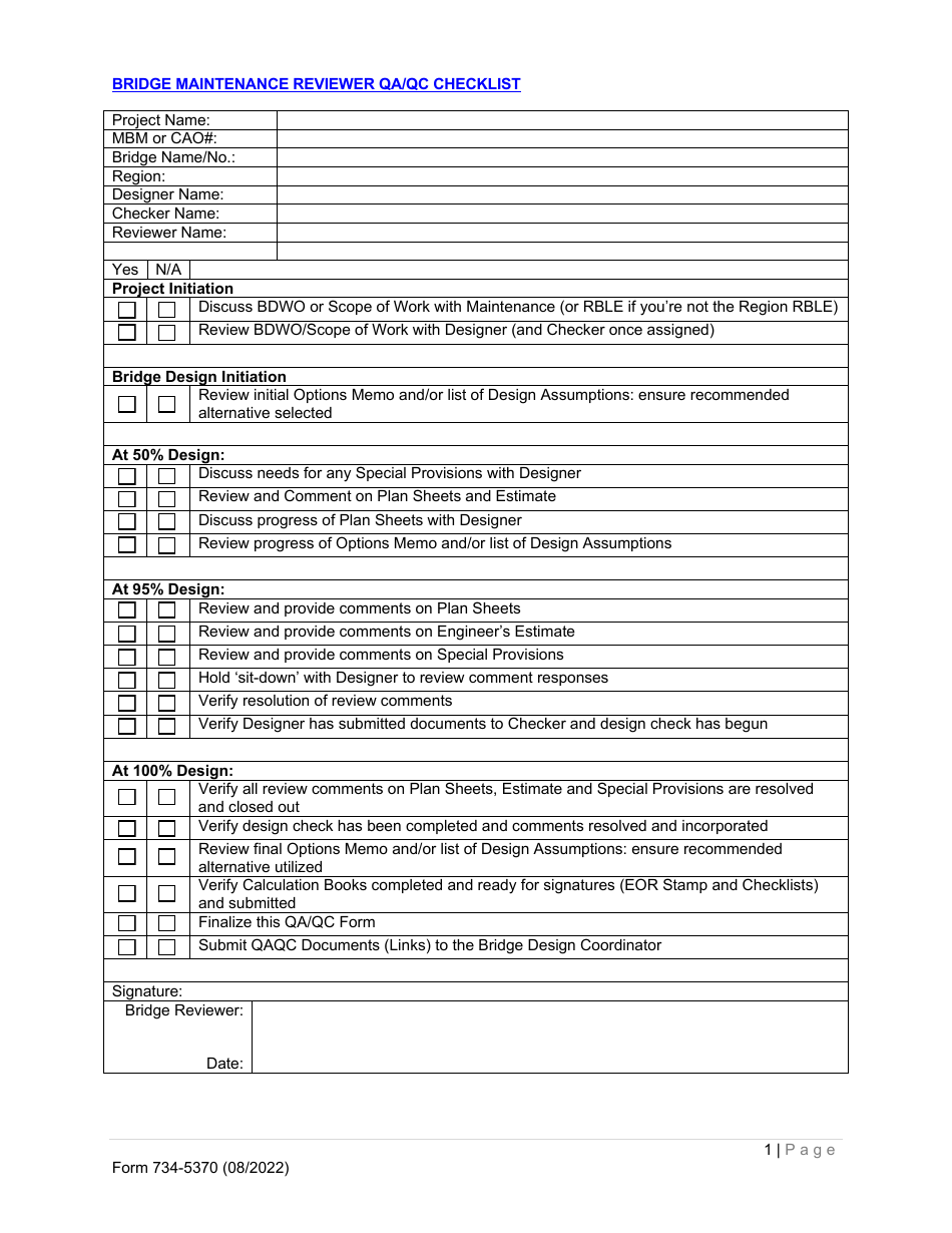 Form 734-5370 Bridge Maintenance Reviewer Qa / Qc Checklist - Oregon, Page 1