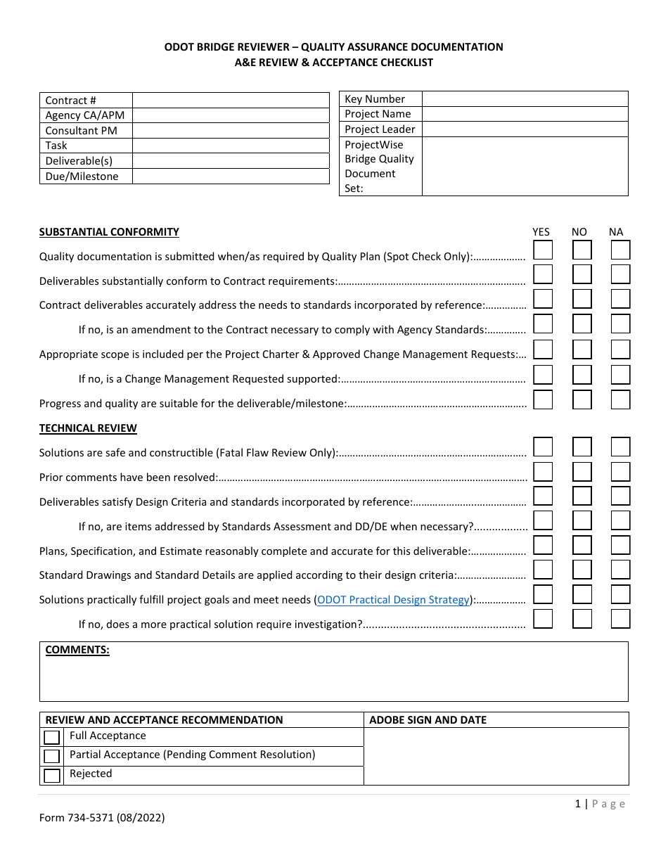 Form 734-5371 Bridge Quality - ae Review  Acceptance Checklist - Oregon, Page 1