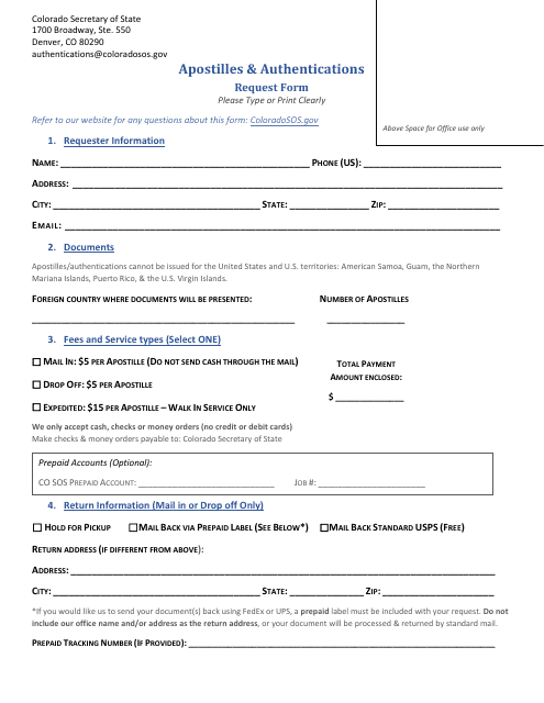 Apostilles & Authentications Request Form - Colorado Download Pdf