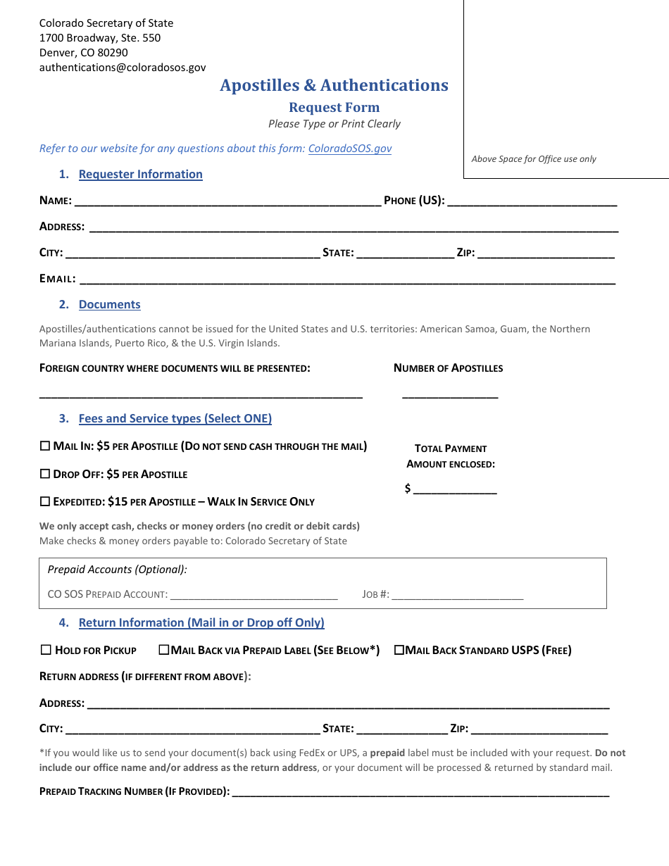 Apostilles  Authentications Request Form - Colorado, Page 1