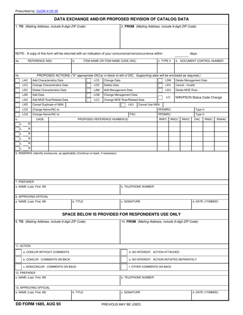 DD Form 1685 Data Exchange and/or Proposed Revision of Catalog Data