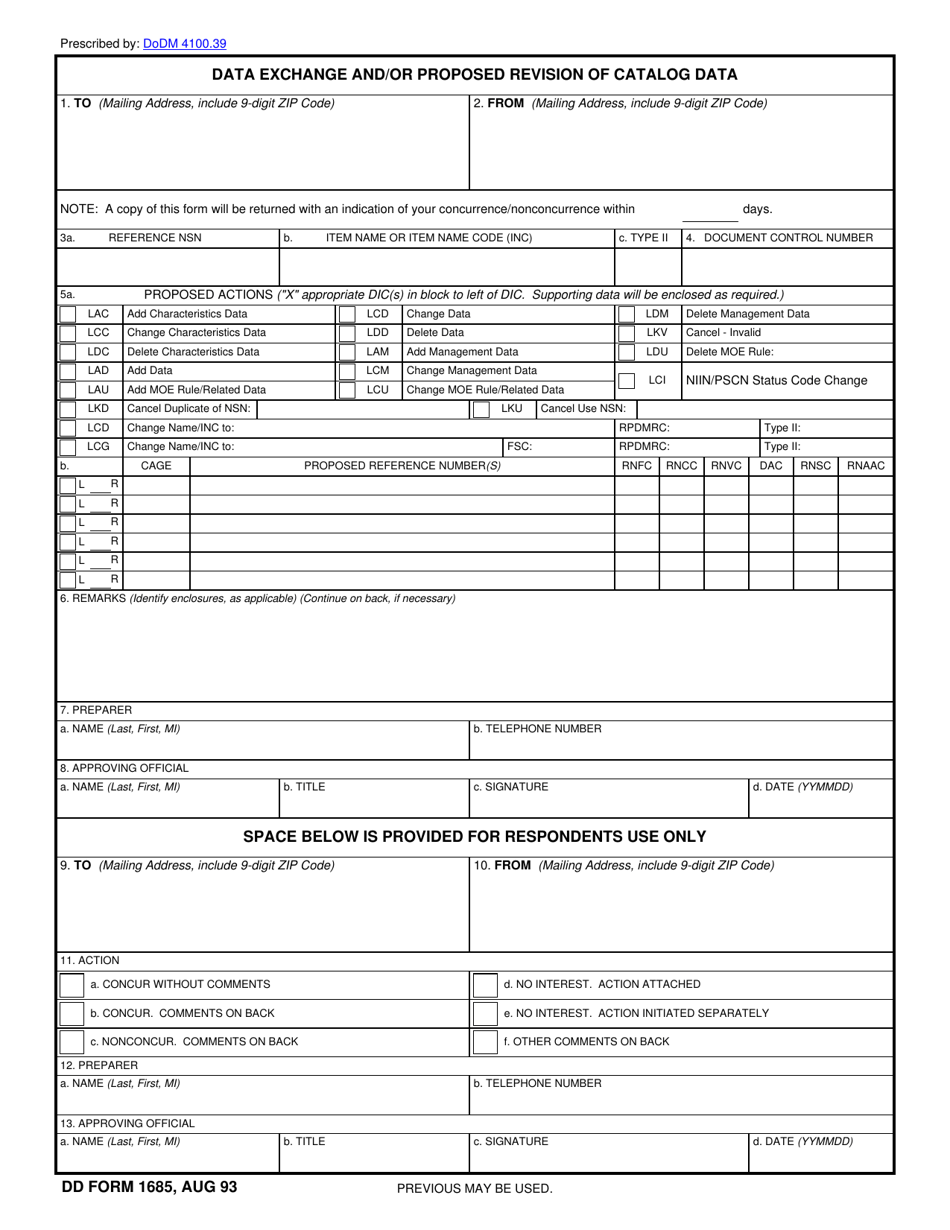 DD Form 1685 Data Exchange and / or Proposed Revision of Catalog Data, Page 1