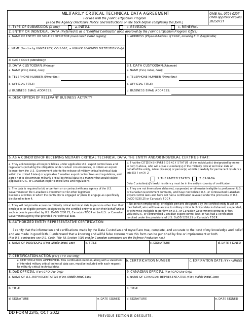 DD Form 2345 Militarily Critical Technical Data Agreement