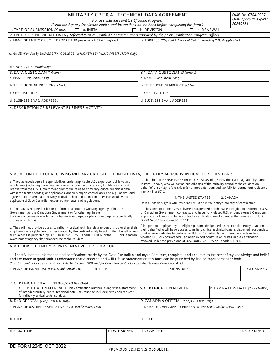 DD Form 2345 Download Fillable PDF Or Fill Online Militarily Critical ...