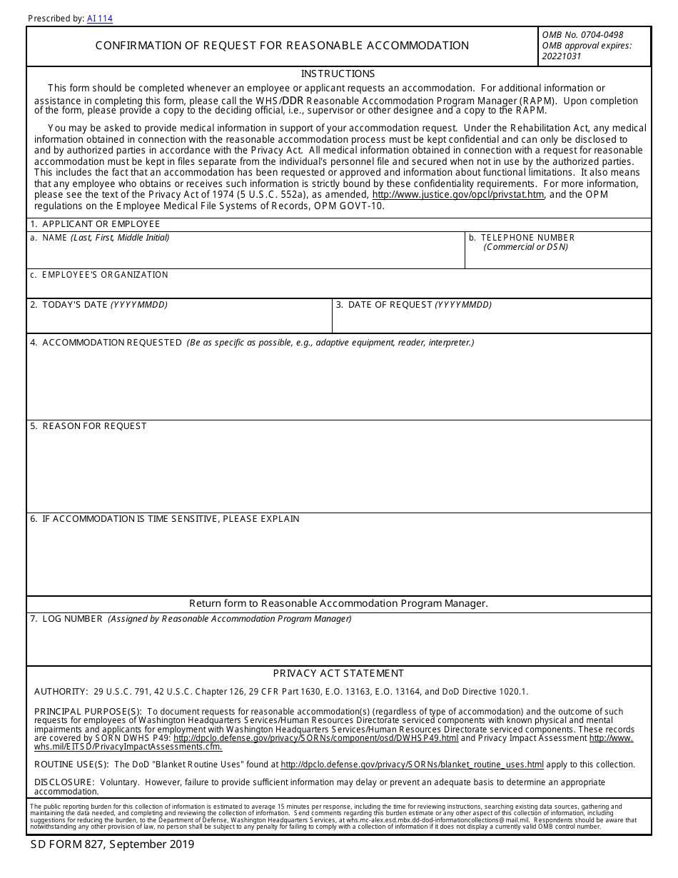 SD Form 827 Confirmation of Request for Reasonable Accommodation, Page 1