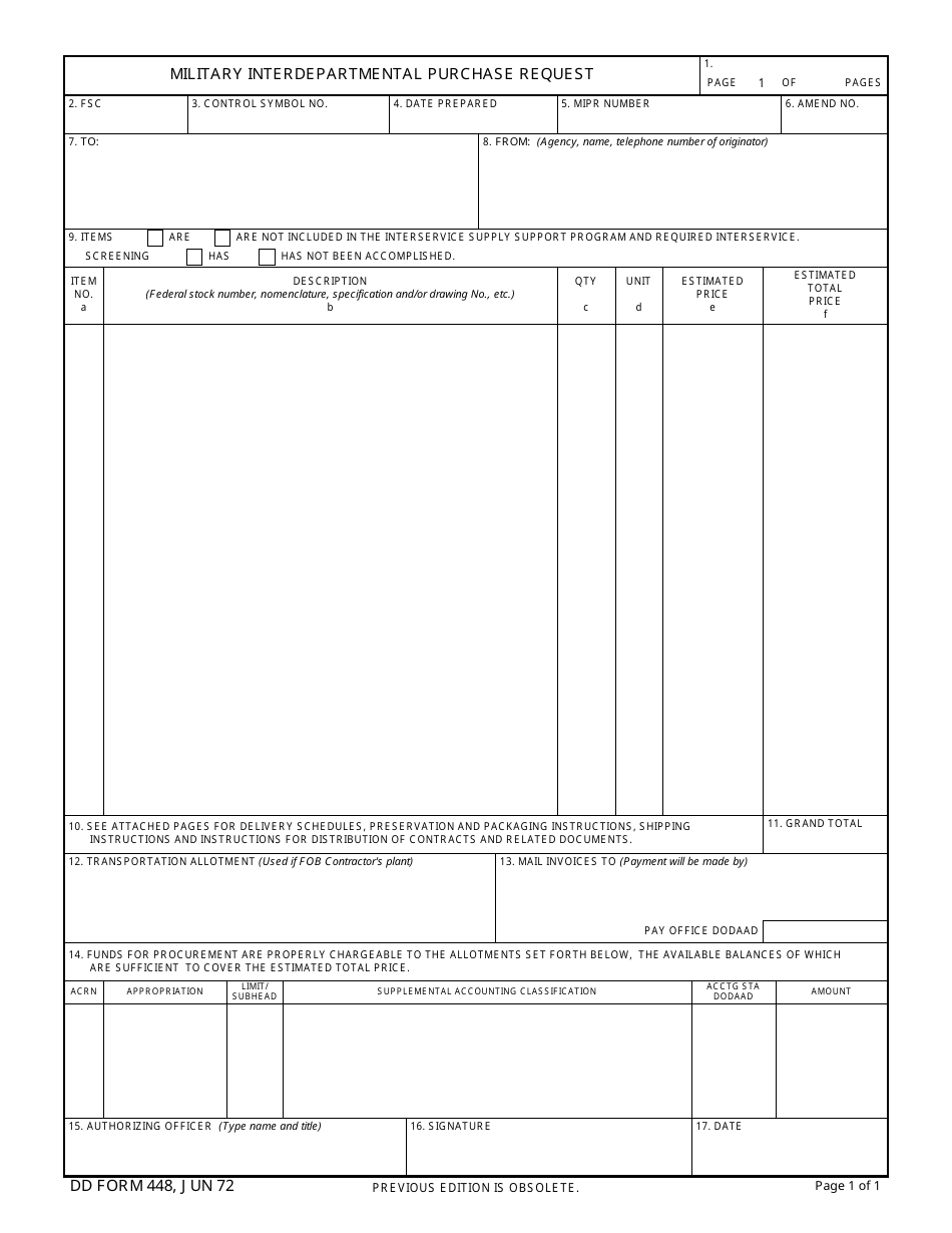 DD Form 448 Military Interdepartmental Purchase Request, Page 1