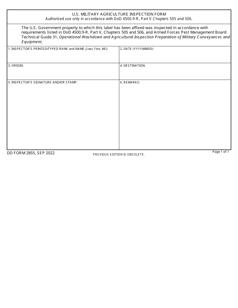 DD Form 2855 U.S. Military Agriculture Inspection Form, Page 1